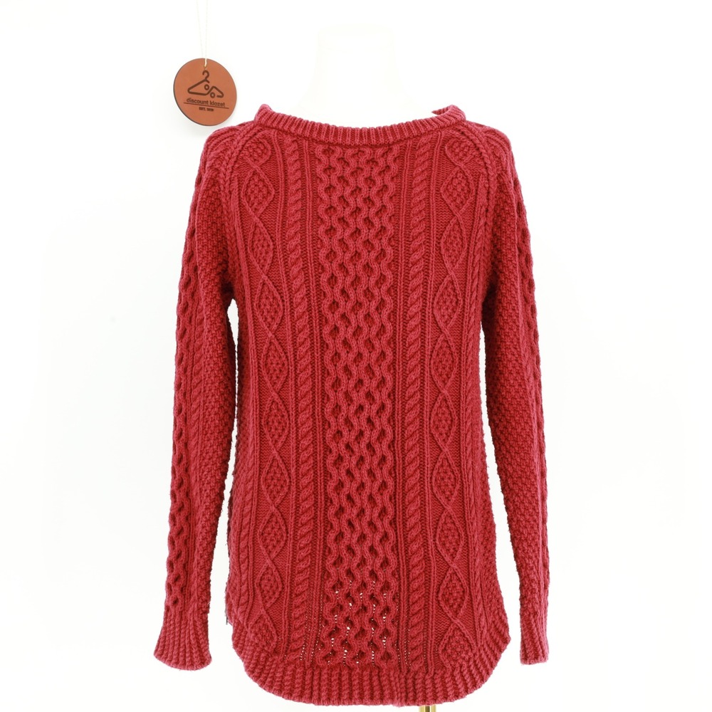 LL Bean Signature Red Cable Knit Sweater Side Zip Cotton Small Fisherman